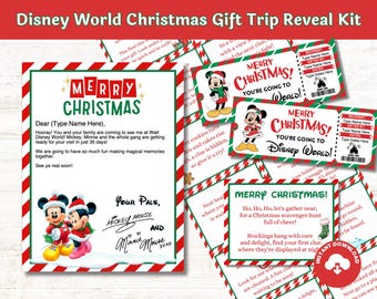 Kit de regalo de Navidad para revelar el viaje. Entradas para la búsqueda del tesoro de Mickey en parques temáticos de Florida. Cartas de Mickey y Minnie. Descarga digital instantánea en PDF.