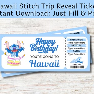 Boletos sorpresa de cumpleaños de Stitch Hawaii Trip Reveal Regalo para niños Imprimible y editable DESCARGA DIGITAL regalo pdf