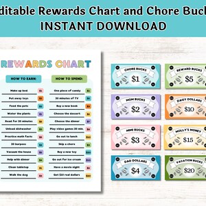 Editable Rewards Coupons for Kids Chore Bucks Play Money Rewards System for Kids INSTANT DOWNLOAD Customizable & Printable Digital File