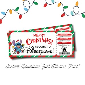 Editable California Theme Park Trip Reveal Stitch Ticket Christmas Gift Surprise Ticket INSTANT DOWNLOAD Fill and Print Kids Family Vacation