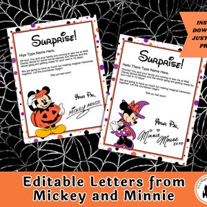 Cartas editáveis da viagem de Halloween do Mickey e da Minnie revelam presente para crianças Personalizar e imprimir download digital em PDF