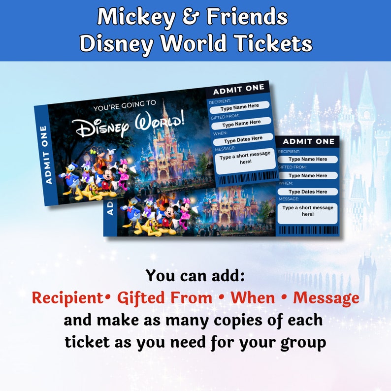K&ouml;nnte beinhalten: Zwei Disney World-Tickets mit Micky Maus und seinen Freunden vor dem Cinderella-Schloss. Die Tickets tragen die Aufschrift "Zutritt f&uuml;r eine Person" und enthalten Felder f&uuml;r Empf&auml;nger, Schenker, Datum und eine Nachricht. Der Text "Mickey & Friends Disney World Tickets" steht oben.