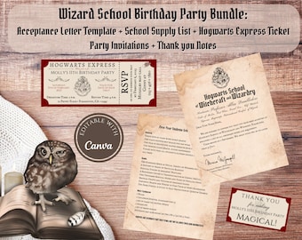 Editable Wizard School Birthday Party Bundle, Customizable Canva Template, Instantly Download and Print