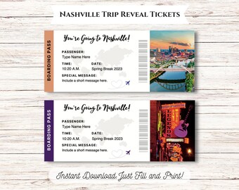 Editable Nashville Trip Surprise Ticket Gift for Her Gift for Him INSTANT DOWNLOAD Editable and Printable Digital File Fillable PDF