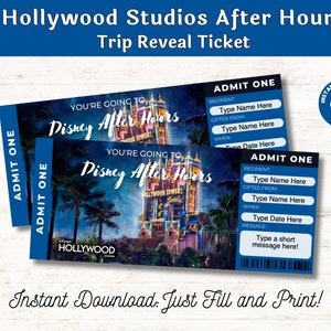 Editable Hollywood Studios After Hours Ticket Surprise Trip Reveal Announcement Gift, Customize and Print PDF digital download