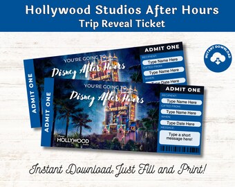 Editable Hollywood Studios After Hours Ticket Surprise Trip Reveal Announcement Gift, Customize and Print PDF digital download