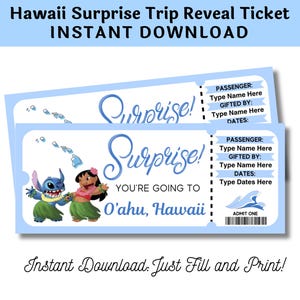 Lilo und Stitch Surprise Trip Tickets Hawaii Reise enthüllen Geschenk für Kinder druckbare und bearbeitbare DIGITALE DOWNLOAD Geschenk pdf