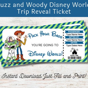 Editable Florida Theme Park Trip Reveal Ticket Toy Story Ticket Gift for Kids INSTANT DOWNLOAD Surprise Trip Fillable & Printable PDF