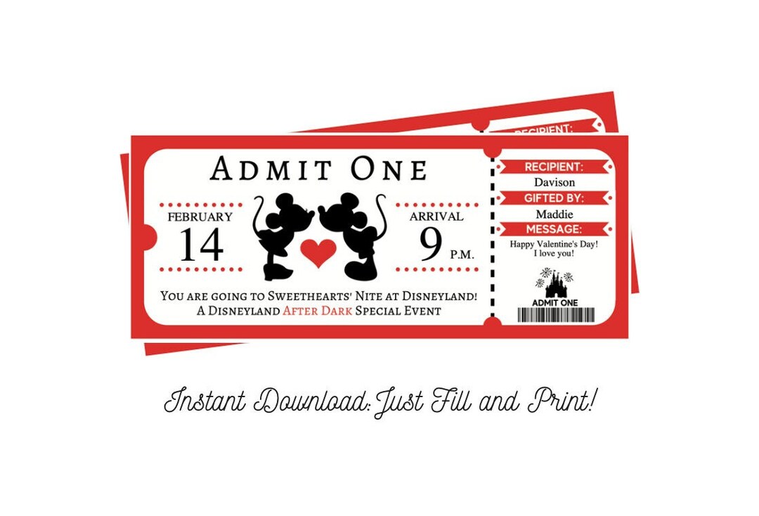 Sweethearts Night Party Mickey Valentines Gift Reveal Ticket, Editable, Download, Fill and Print