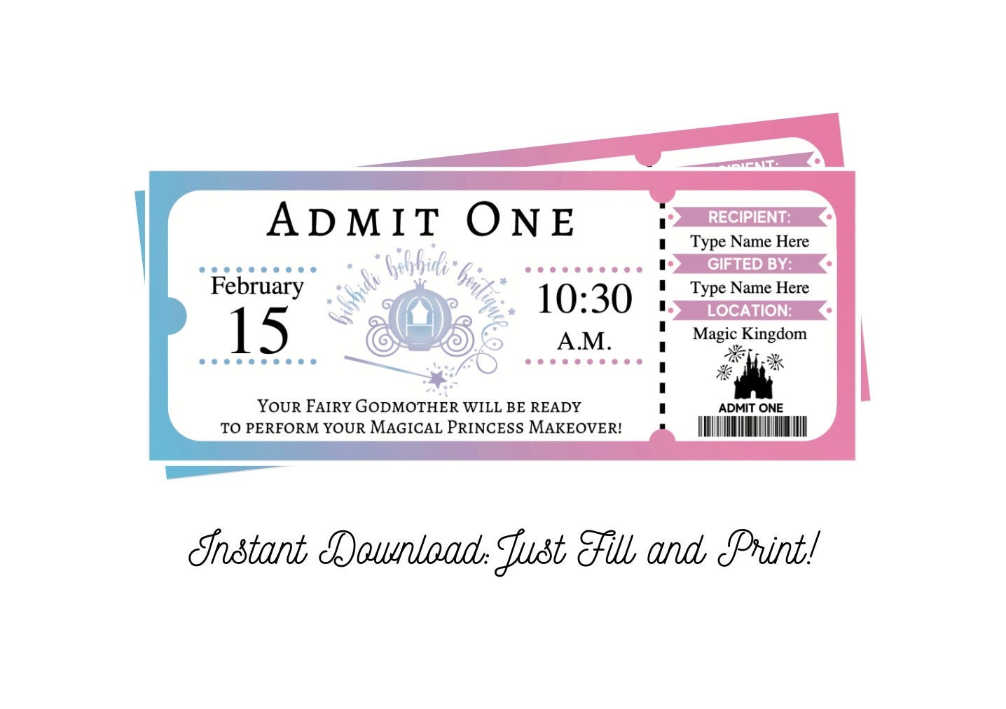 Editable Bibbidi Bobbidi Boutique Gift Ticket Princess Etsy
