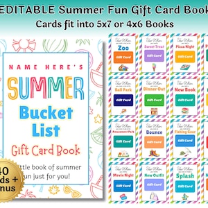 May include: A printable summer bucket list gift card book with 40 cards plus a bonus card. The cover features a colorful illustration of a beach scene with the text "NAME HERE'S SUMMER BUCKET LIST GIFT CARD BOOK".