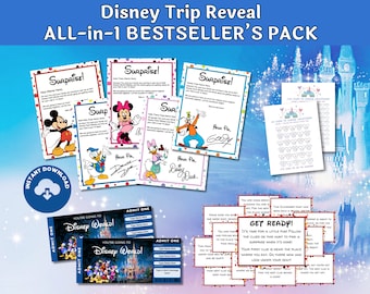 Puede incluir: Un conjunto de imprimibles con temática de Disney, que incluyen cartas de revelación sorpresa con Mickey, Minnie, Donald, Daisy y Goofy. También incluye entradas para Disney World y un juego de búsqueda del tesoro. El texto dice "Disney Trip Reveal ALL-in-1 BESTSELLER'S PACK."