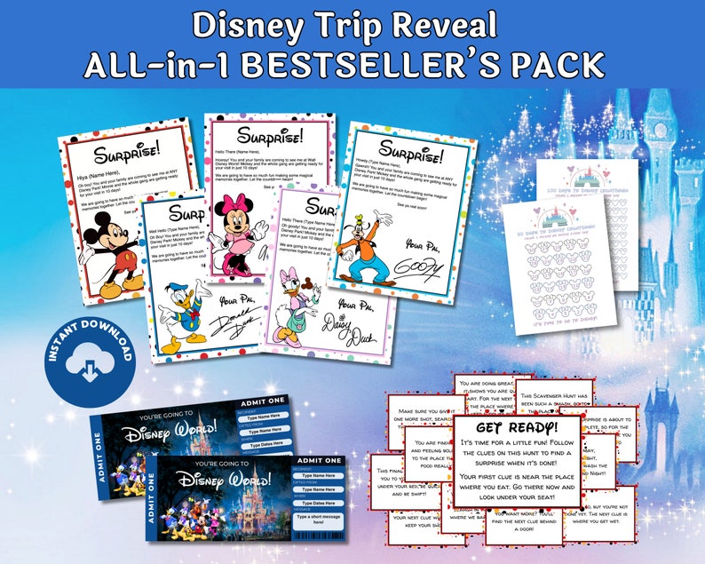 K&ouml;nnte beinhalten: Eine Sammlung von Disney-Themen-Druckvorlagen, darunter &Uuml;berraschungsbriefe mit Micky, Minnie, Donald, Daisy und Goofy. Enth&auml;lt auch Disney World-Tickets und ein Schnitzeljagdspiel. Der Text lautet "Disney Trip Reveal ALL-in-1 BESTSELLER'S PACK."