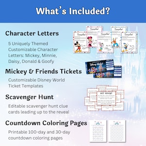 K&ouml;nnte beinhalten: Ein Werbebild mit dem Titel &bdquo;Was ist enthalten?" mit verschiedenen druckbaren Artikeln zum Thema Disney. Dazu geh&ouml;ren Charakterbriefe, Disney World-Ticketvorlagen, Schnitzeljagd-Hinweise und Countdown-Malvorlagen. Mickey, Minnie, Daisy, Donald und Goofy sind abgebildet.