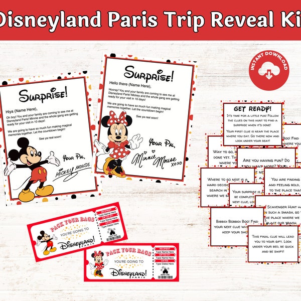 Paris Theme Park Trip Reveal Bundle, Scavenger Hunt, Tickets, Letters from Mickey and Minnie, Customize and Print PDF digital download