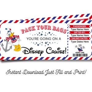 Donald Cruise Ticket Surprise Trip Reveal Gift for Kids Editable and Printable Digital File Fillable PDF and Canva Template