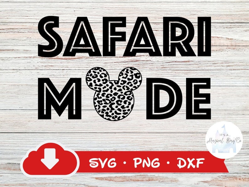 K&ouml;nnte beinhalten: Schwarzwei&szlig;es Grafikdesign mit dem Text "Safari Mode" in fetten Blockbuchstaben. Ein schwarz-wei&szlig;er Leoparden-Mickey-Mouse-Kopf ist mittig zwischen den W&ouml;rtern platziert.