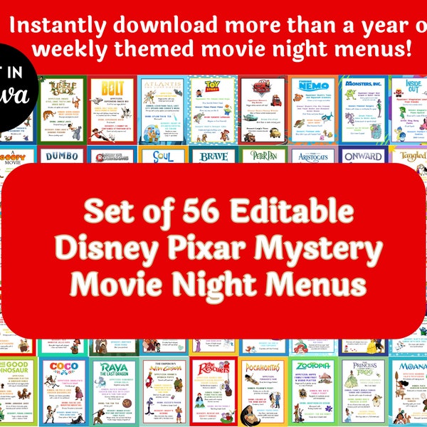 56 Dinner and a Movie Night Menus | Mystery Movie Night Ideas for Family Movie Nights | Family Friendly Menus CUSTOMIZABLE Movie Night Menus