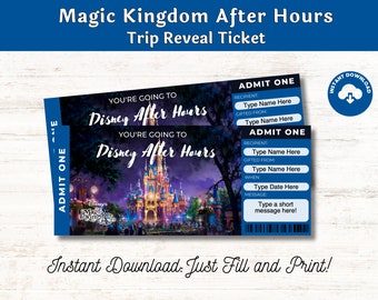Editable Magical Kingdom After Hours Ticket Surprise Trip Reveal Announcement Gift, Customize and Print PDF digital download