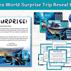 Sea World Trip Reveal Kit Carta de boletos sorpresa editables y regalo de búsqueda del tesoro para niños, Personalizar e imprimir PDF descarga instantánea
