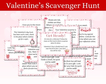 May include: A Valentine's Day scavenger hunt game with pink and red cards featuring hearts and illustrations. The cards have instructions for a scavenger hunt with clues like "Look high where you should go" and "You are on Valentine and I lots. Next place we keep and".