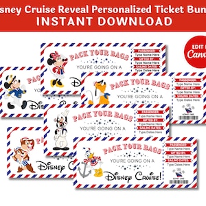 Mickey Cruise Set of Tickets Surprise Trip Reveal Gift for Kids Editable and Printable Digital File Fillable PDF and Canva Template