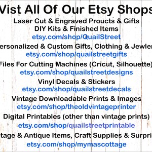 May include: White wooden background with black text listing various Etsy shop categories. Categories include laser cut gifts, DIY kits, personalized gifts, SVG cut files, vinyl decals, vintage prints, and digital printables. Etsy shop URLs are provided.