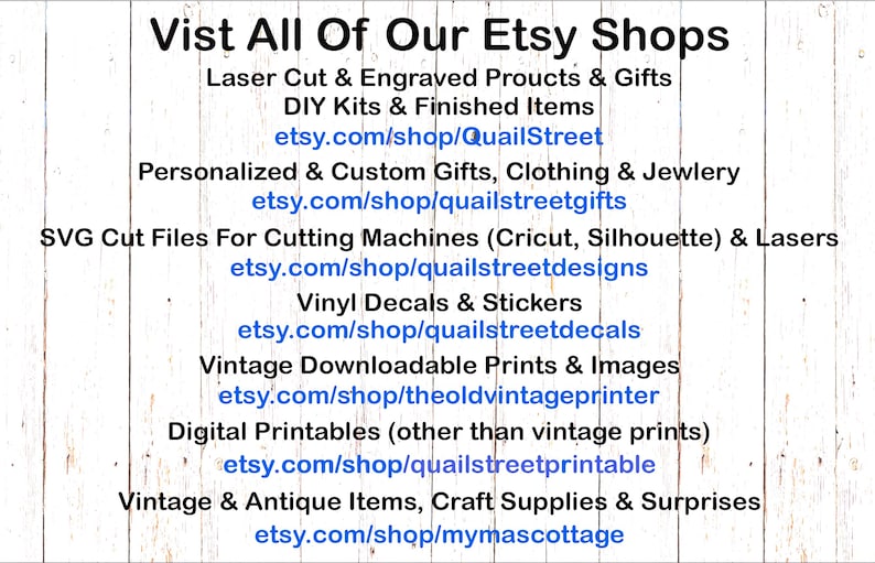 May include: White wooden background with black text listing various Etsy shop categories. Categories include laser cut gifts, DIY kits, personalized gifts, SVG cut files, vinyl decals, vintage prints, and digital printables. Etsy shop URLs are provided.