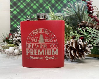 North Pole Brewing Co., Christmas Theme 6 Ounce Stainless Steel SS Hip Flask, Whisky Flask, Alcohol Flask, Christmas Gift, Gift for Him