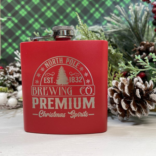 North Pole Brewing Co., Christmas Theme 6 Ounce Stainless Steel SS Hip Flask, Whisky Flask, Alcohol Flask, Christmas Gift, Gift for Him