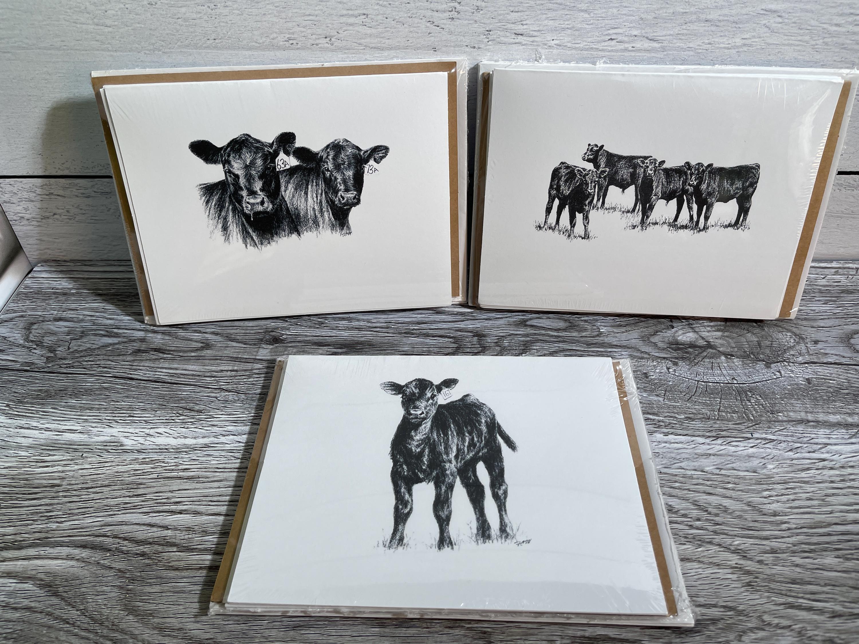 Cow Notes Hand-drawn Cow Notecard Set of Seven Unique Pencil Art Designs, Cattle ...