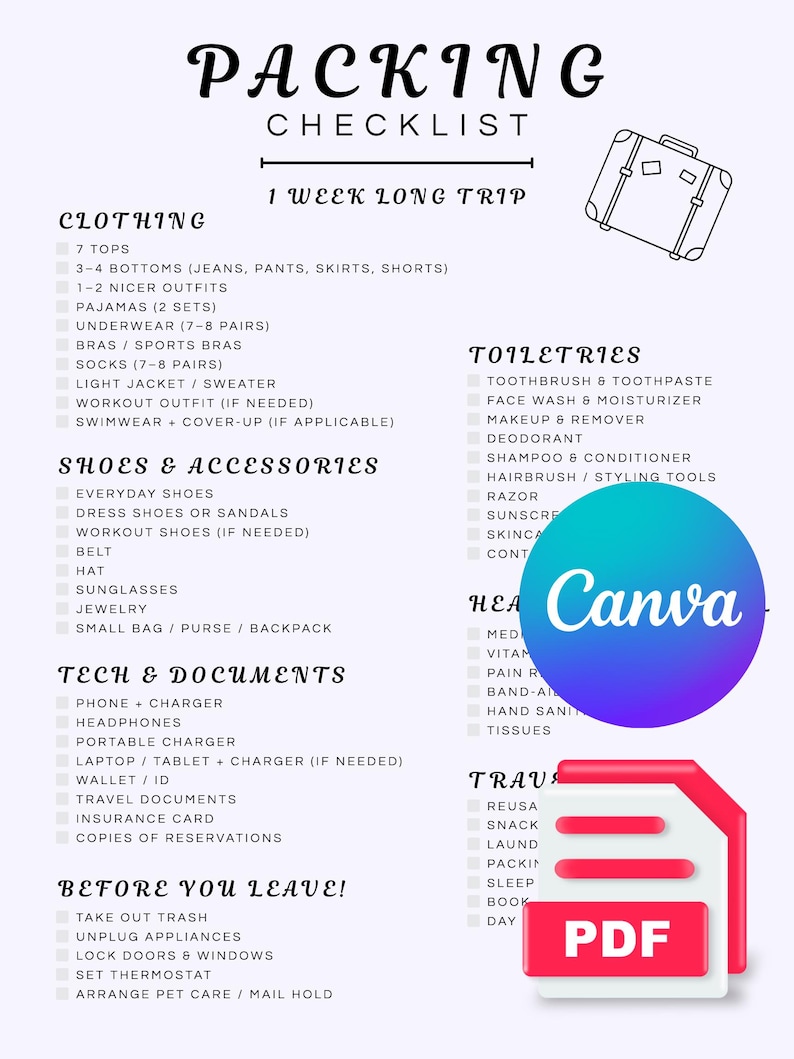 Week Packing Planner Week Long Packing Checklist - Etsy