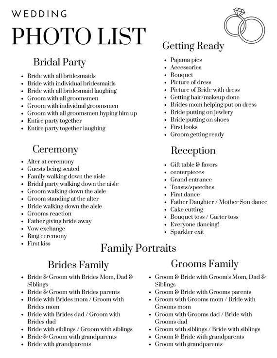 Wedding Photographer Shot List