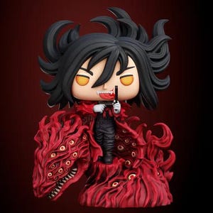 Puede incluir: Figura estilizada de un personaje con cabello negro y atuendo oscuro, sosteniendo un pequeño objeto negro. La figura se encuentra sobre una escultura roja detallada con múltiples rasgos similares a ojos. La figura tiene una expresión amenazante.