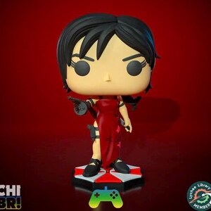 May include: A red and black pop vinyl figure of a female character with a red dress and a gun. The figure is standing on a black and white base with the Umbrella Corporation logo.