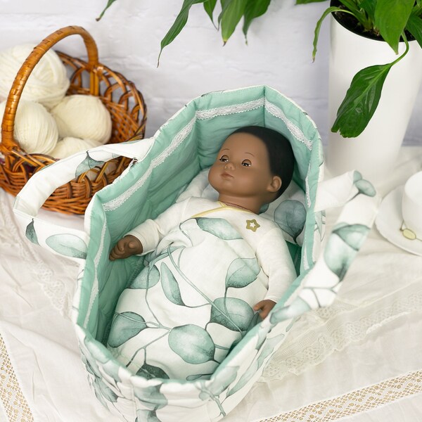 12-18 inch Doll carry cot with bedding, eco-friendly cotton, leaves pattern. Playing handled mini toy moses basket. Girl's birthday gift.