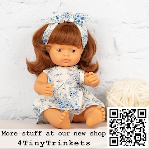 Miniland doll clothes. Blue Cotton dress and headband for 13-15 inches dolls. Minikane doll clothes. 34-38 cm doll clothes.