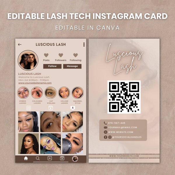 2024 Instagram Lash Business Cards, IG Lash Tech Business Card, DIY Editable Business Card Template, QR Code Business Card, Canva Editable