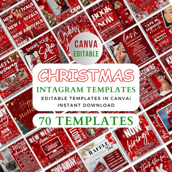 Christmas Instagram Templates. DIY Canva Xmas Social Media, Red & Silver For Beauty, Aesthetics, Lash Technician, Hair, Nails, Sale Flyer