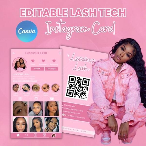 2024 Instagram Business Card For Lash Tech, IG Business Card, DIY Canva Business Card Template Design, QR Code Business Card