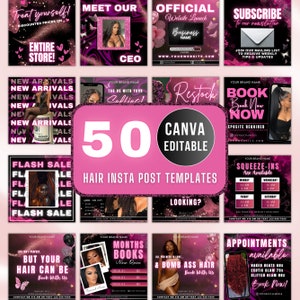 50 Hair Instagram Post, hair stylist instagram template, hair post, hair instagram post, pink and white, Branding Kit, instagram template