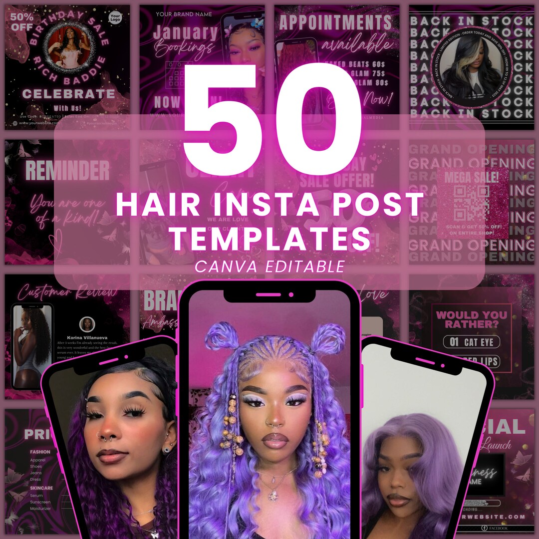 50 Hair Instagram Post, Hairstylist Instagram Template, Branding Kit