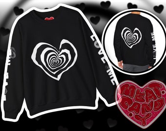 Trippy Love Me Hypnotic Black and White Spiral Heart Top - Goth Emo Yandere egirl Drop Shoulder Sweatshirt - Long Sleeve Valentine's Day Top