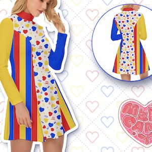 Clowncore Primary Color Heart Confetti Velour Dress - Bright Colorful Party Clown - Soft Velour Long Sleeve Circuscore Winter Dress