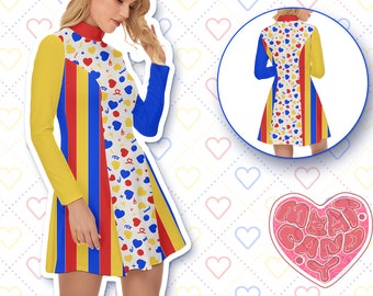 Clowncore Primary Color Heart Confetti Velour Dress - Bright Colorful Party Clown - Soft Velour Long Sleeve Circuscore Winter Dress