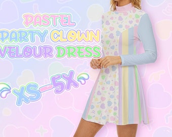 Fairy Kei Clowncore Dress - Pastel Party Clown - Soft Velour Long Sleeve Spank Kei  Winter Dress