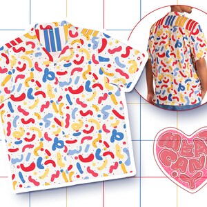 Clowncore Primary Colors Confetti Button Up Hawaiian Shirt - Colorful Bright Memphis Pattern Stripes Casual Plus Size Kidcore Clothes