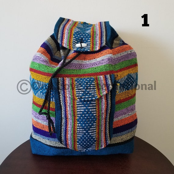 Vintage 60s Colorful Woven Textile Drawstring Backpack Bag Boho Tribal Woven Backpack Boho Aztec Hippie Southwestern Baja  main image 3