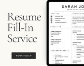 Resume Fill-In Service, 1-3 Pages with Free Resume Template, CV Fill-In Resume Service, Professional CV Resume Update Edit, Resume Service