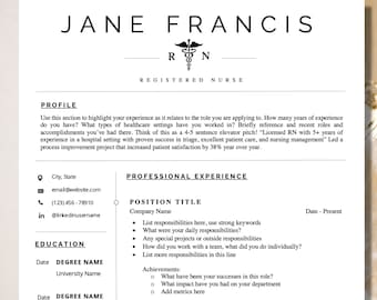 Plantilla de currículum de enfermería de 1 página, plantilla de currículum de enfermera Word currículum médico, enfermera registrada, diseño de currículum de RN, currículum vitae de doctor, enfermera cv palabra